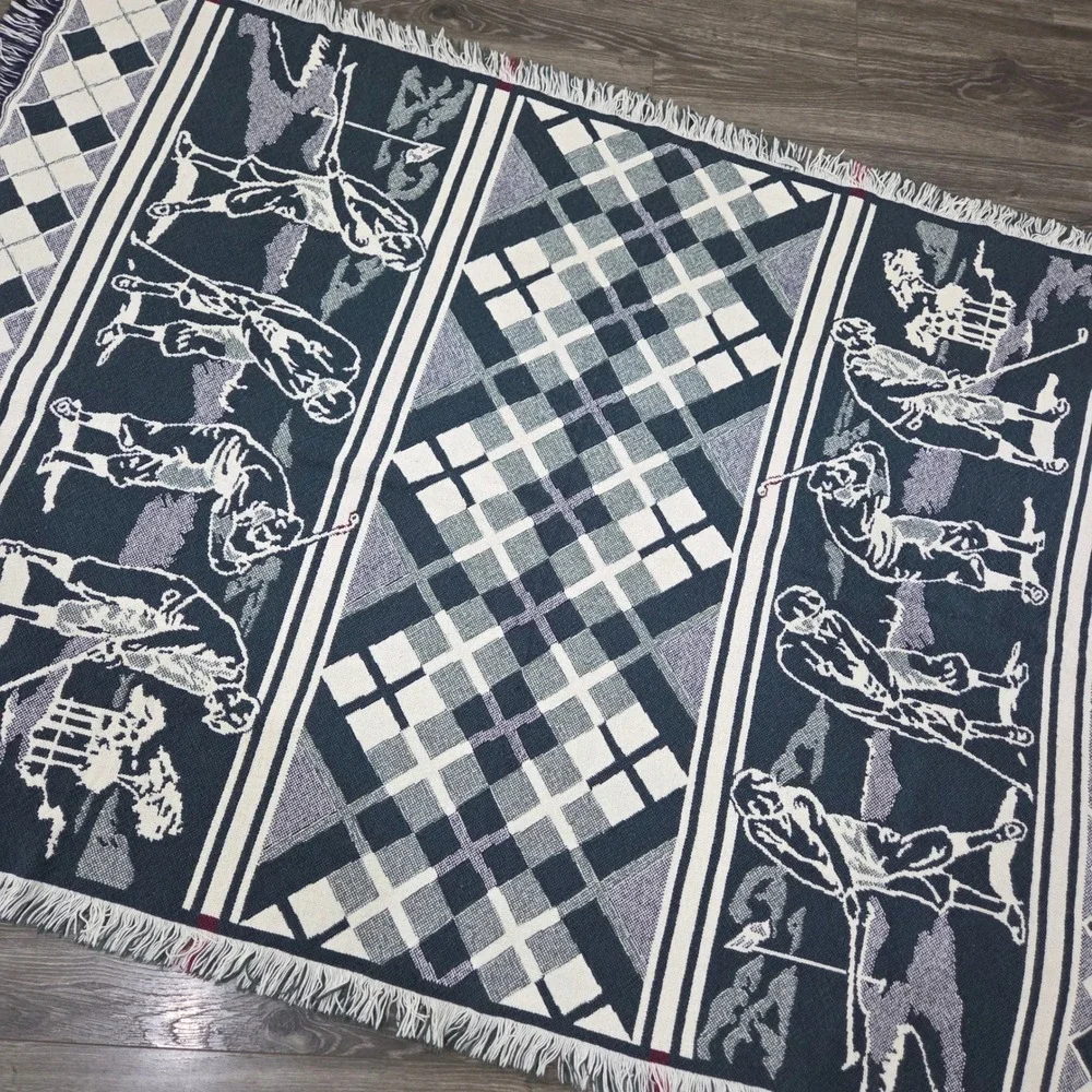 Vintage Golf Tapestry Throw Blanket Argyle Woven‎ Fringe Excellent Country Club